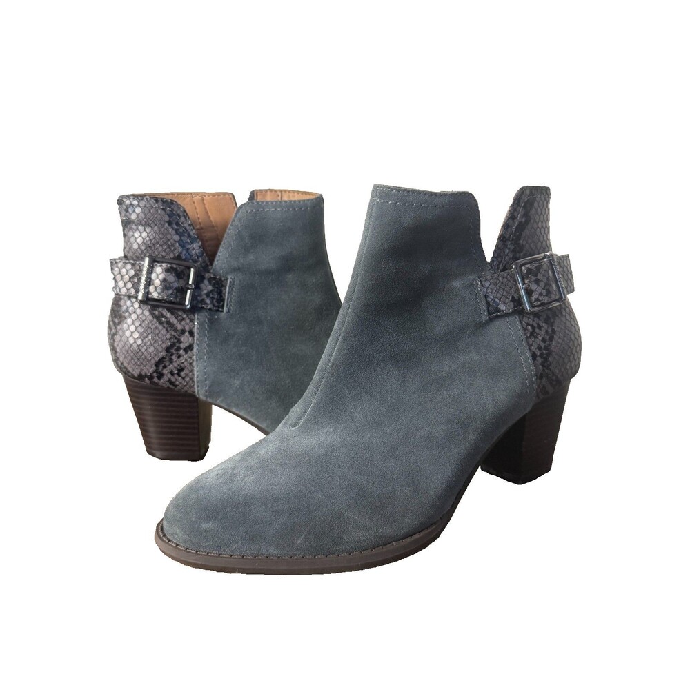 Vionic Blue Suede Ankle Boots Snakeskin Buckle Block Heel Comfort Womens 7.5